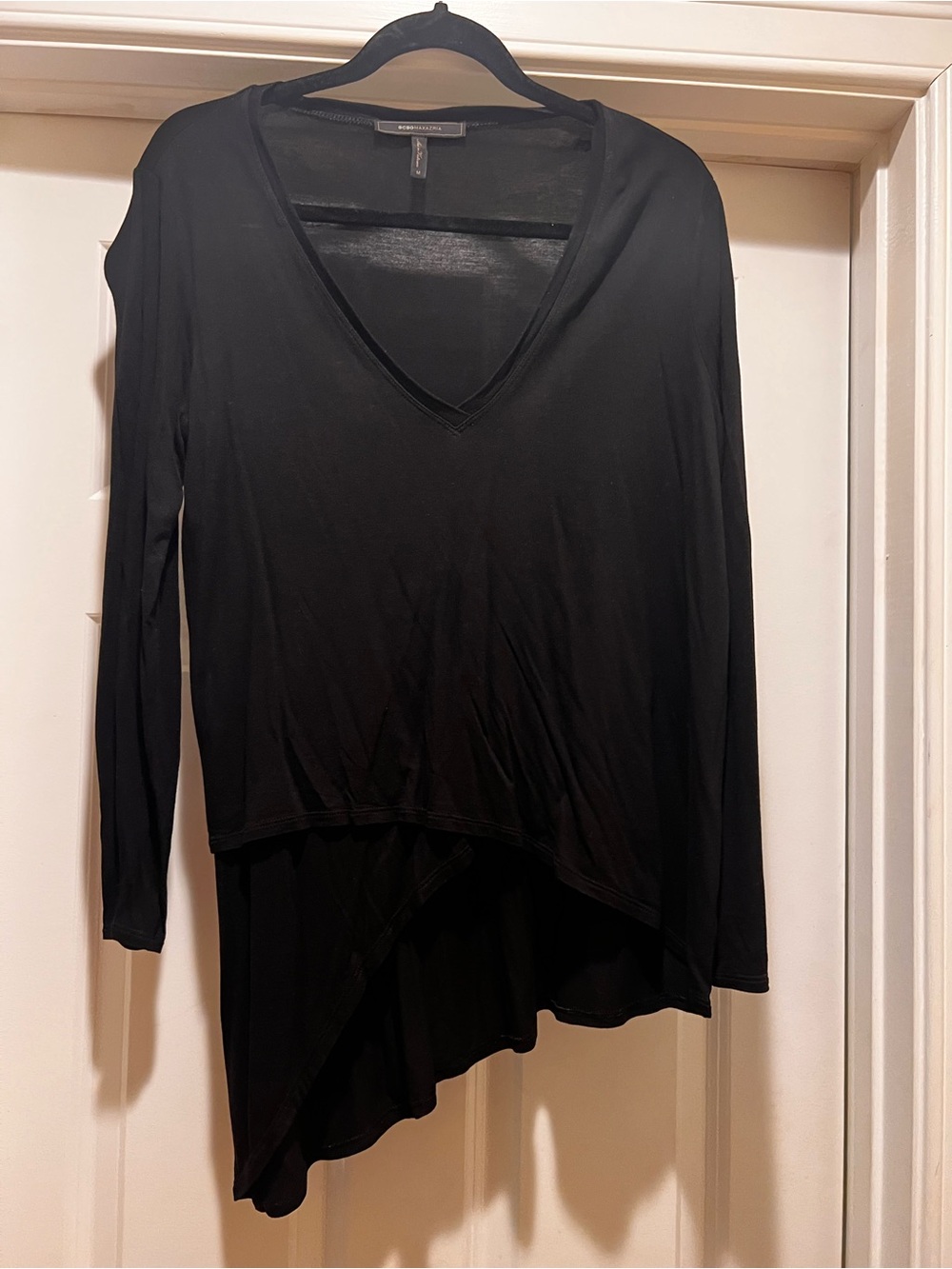 BCBG Women’s Black Asymmetric V-Neck Long Sleeve Top